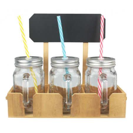 LOT DE 3 DRINKING JAR AVEC PAILLES, COUVERCLES ET SERVITEUR EN BOIS SIR-3DJ