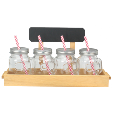 LOT DE 3 DRINKING JAR 130ML AVEC PAILLES, COUVERCLES ET SERVITEUR EN BOIS SIR-4MINIDJ