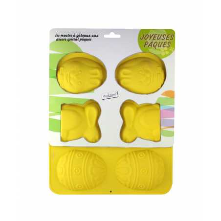 MOULE SILICONE POUR 6 GATEAUX OEUFS, TETE DE LAPIN, LAPIN " JOYEUSES PAQUES " ARD'TIME PAK-MIX