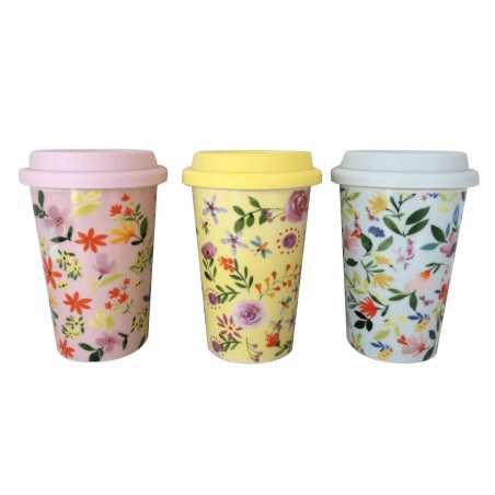 LOT DE 6 MUGS AVEC COUVERCLES 430ML EN PORCELAINE " FLOWERS " ARD'TIME FLOMUGSTAR