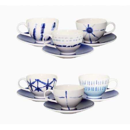 LOT DE 6 TASSES 180ML AVEC SOUS-TASSES EN CERAMIQUE " INDIGO DYE " ARD'TIME IDTASCAF