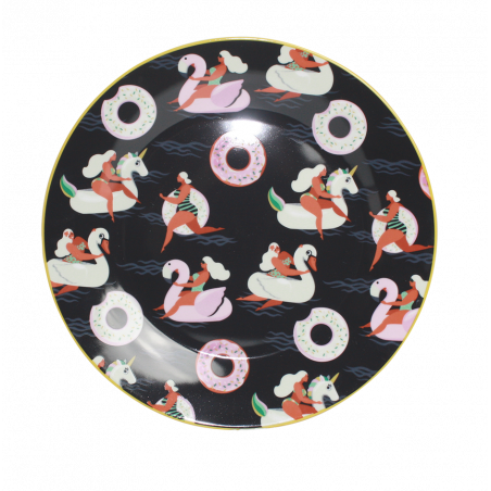 PLAT ROND EN CERAMIQUE NOIR "HAPPY SUMMER" ARD'TIME HSPLARD/N