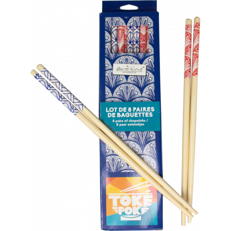 LOT DE 8 PAIRES DE BAGUETTES 22,5CM EN BAMBOU "TOKÉ DE POKÉ" ARD'TIME TPBAG