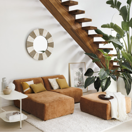 Canapé modulable 2 places avec pouf, velours - 2 modules et 1 pouf, Marron caramel