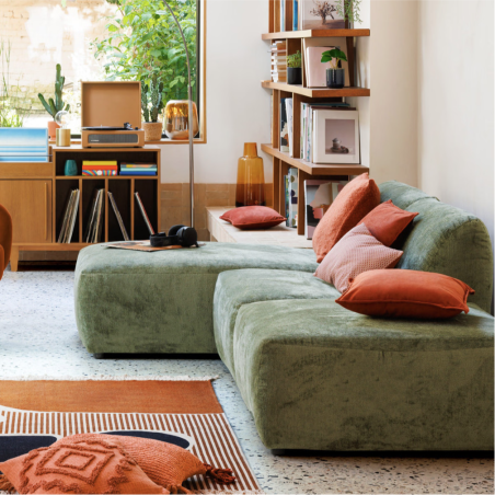 Canapé modulable 2 places avec pouf, velours - 2 modules et 1 pouf, Vert cèdre