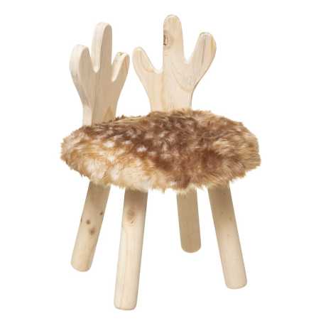 Tabouret enfant "Cerf" Fausse fourrure et pin, Beige
