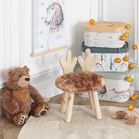 Tabouret enfant "Cerf" Fausse fourrure et pin, Beige