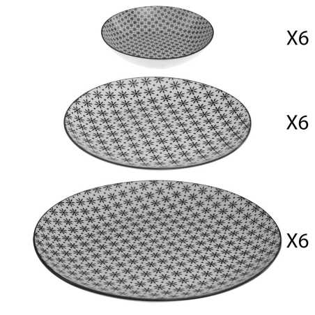 SERVICE DE TABLE 18 PIECES "FLEUR" NOIR ET BLANC