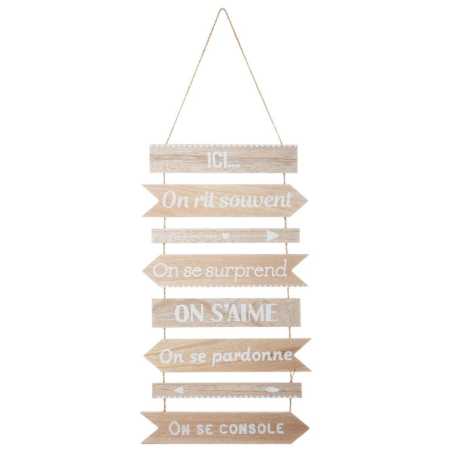 Déco murale "Ici... On rit souvent On se surprend On s'aime On se pardonne On se console" Bois, 30x74 cm