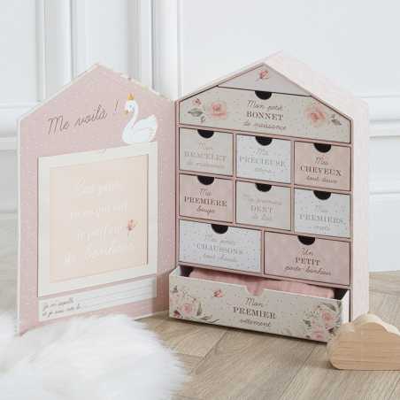 Coffret de naissance maison "Cygne" Rose, H.30,5 cm