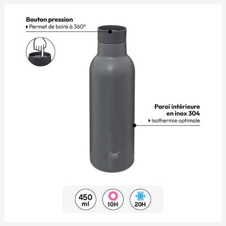 Bouteille isotherme 450ml, bouton pression pour boire à 360°