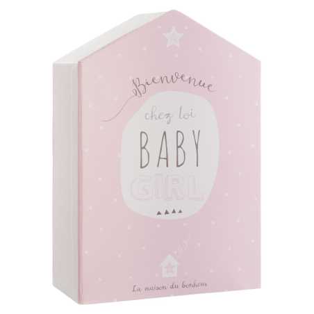 Coffret de naissance Maison "Bienvenue chez toi Baby Girl" rose 21x31 cm