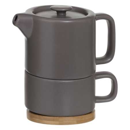 Théière solitaire en céramique 40cl taupe avec filtre et sous-tasse en bambou