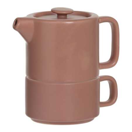 Théière solitaire en céramique 40cl terracotta avec filtre et sous-tasse en bambou