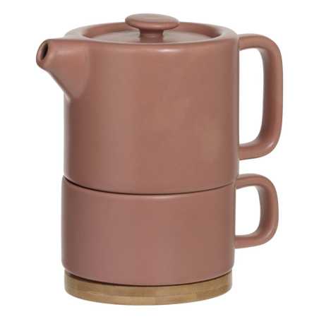 Théière solitaire en céramique 40cl terracotta avec filtre et sous-tasse en bambou