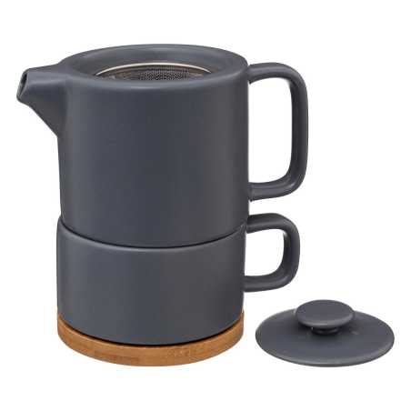 Théière solitaire en céramique 40cl bleue avec filtre et sous-tasse en bambou