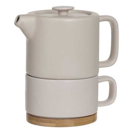 Théière solitaire en céramique 40cl sable avec filtre et sous-tasse en bambou
