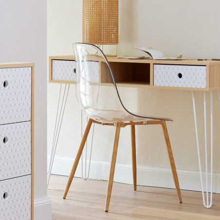 Chaise style scandinave, pieds métal façon bois, Transparente