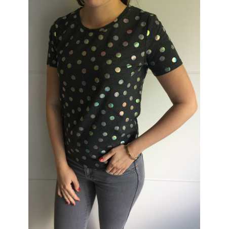 T-SHIRT GRIS FONCE A POIS BRILLANTS