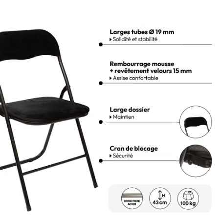 Lot de 6 chaises pliantes avec assise en velours, noir