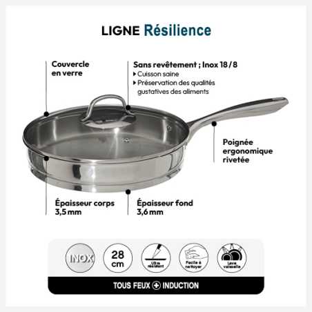 Sauteuse inox 28 cm + couvercle en verre - Résilience