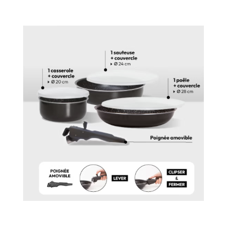 Batterie de cuisine aluminium pressé 5 pièces - Poignées amovibles, Tous feux, Gain de place