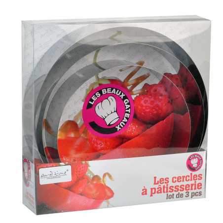 LOT DE 3 CERCLES A GATEAU EN INOX DIAM. 20, 24 ET 26CM "MES BEAUX GATEAUX" ARD'TIME BG-LTCERGA