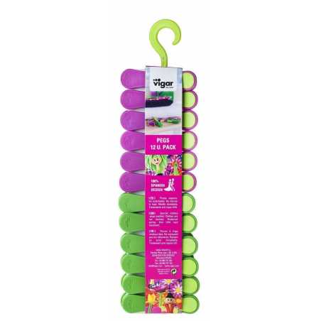 PACK DE 12 PINCES A LINGE AVEC SUPPORT FLOWER POWER VERT/ROSE 7952