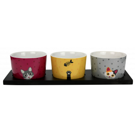 PLATEAU EN BOIS PEINT AVEC 3 RAMEQUINS EN CERAMIQUE " FISH AND CATS " ARD'TIME FC3SET