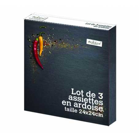 LOT DE 3 ASSIETTES EN ARDOISE CARREES 24X24CM ARD'TIME LT3CA24